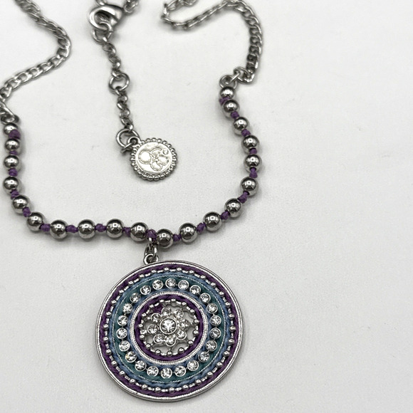 Jessica Simpson Necklace 19 in Pave Crystal Medallion Purple Blue Silver Tone - Picture 5 of 5